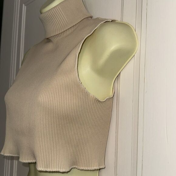 Vtg light tan polyester nylon ribbed turtleneck dickie layer top zip up back - Picture 3 of 4